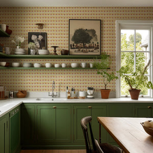 Cross Stitch wallpaper by Annika Reed in orange and red, cross-stitch motifs in a kitchen