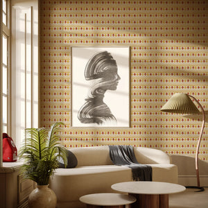 Cross Stitch wallpaper by Annika Reed in orange and red, cross-stitch motifs in a living room