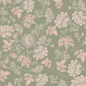 Amelie wallpaper by Curate Space in lichen green, full repeat of vintage chintz florals