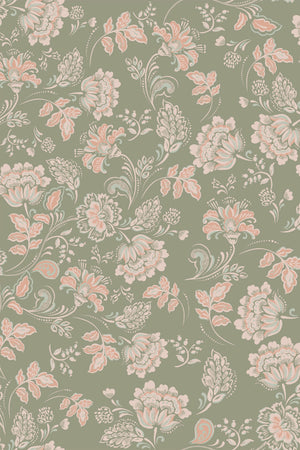 Amelie wallpaper by Curate Space in lichen green, full repeat of vintage chintz florals