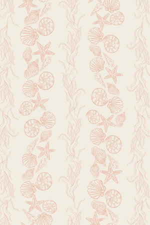 Bonnie wallpaper by Curate Space in soft red, full repeat of seashells and seaweed in a stripe