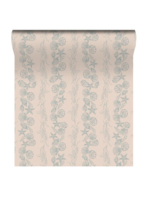 Bonnie wallpaper by Curate Space in teal, rolled length showing seashells and seaweed in a stripe