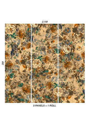 Bridie wallpaper by Curate Space in warm autumn orange, panel layout diagram for oversized painterly blooms