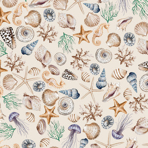 Charlotte Curate Space wallpaper in light cream, full repeat of hand-painted seashells and starfish