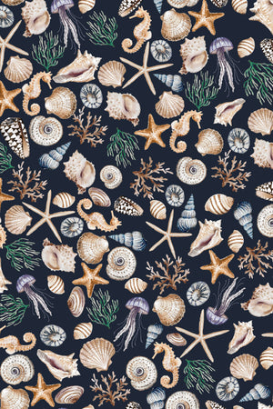 Charlotte Curate Space wallpaper in midnight blue, full repeat of hand-painted seashells and starfish