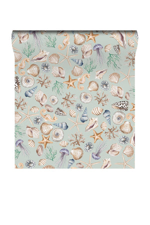 Charlotte wallpaper by Curate Space in soft blue, rolled length showing hand-painted seashells and starfish