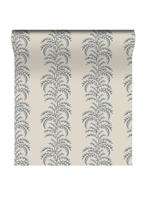 Edie wallpaper by Curate Space in blue, rolled length showing arching fern fronds in vertical columns