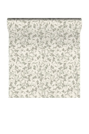 Elena wallpaper by Curate Space in light green, rolled length showing fine linear floral vines