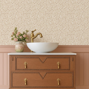 Elsie wallpaper by Curate Space in soft pebble grey, dried poppy head motifs in a room with a wooden vanity and a basin