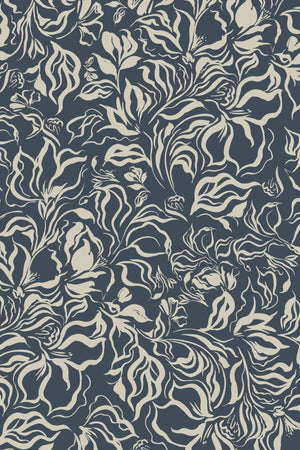Eva wallpaper by Curate Space in denim blue, full repeat of a large-scale painterly floral