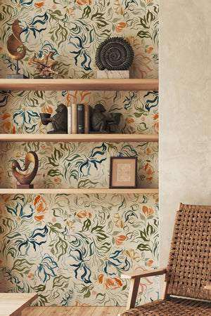 Eva wallpaper by Curate Space in off-white, a large-scale painterly floral in an alcove with open shelving