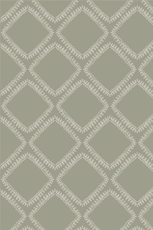 Florence wallpaper by Curate Space in lichen green, full repeat of a leaf-lined diamond lattice