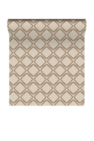 Florence wallpaper by Curate Space in rust orange, rolled length showing a leaf-lined diamond lattice