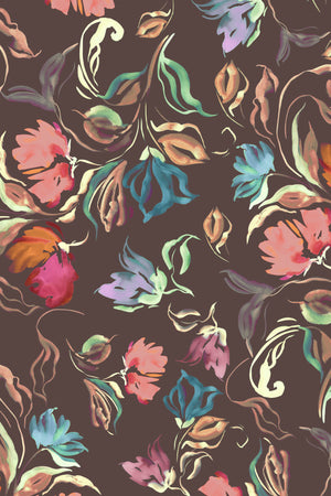 Freya wallpaper by Curate Space in brown, close-up of loose painterly flowers and leaves