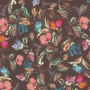 Freya wallpaper by Curate Space in brown, full repeat of loose painterly flowers and leaves