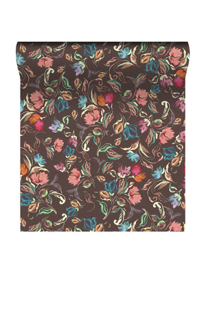 Freya wallpaper by Curate Space in brown, rolled length showing loose painterly flowers and leaves