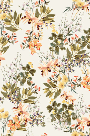 Iris wallpaper by Curate Space in off-white, full repeat of botanical blooms and foliage