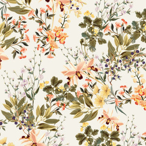 Iris wallpaper by Curate Space in off-white, full repeat of botanical blooms and foliage