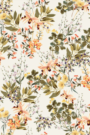 Iris wallpaper by Curate Space in off-white, full repeat of botanical blooms and foliage