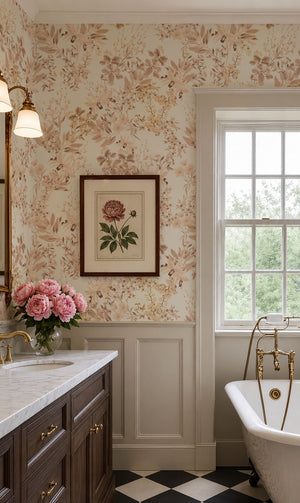 Iris wallpaper by Curate Space in off-white, botanical blooms and foliage in a bathroom with a freestanding bath and framed botanical print