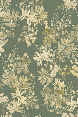 Iris wallpaper by Curate Space in soft green, full repeat of botanical blooms and foliage