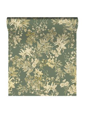 Iris wallpaper by Curate Space in soft green, rolled length showing botanical blooms and foliage