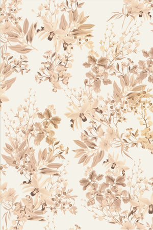Iris wallpaper by Curate Space in stone beige, full repeat of botanical blooms and foliage
