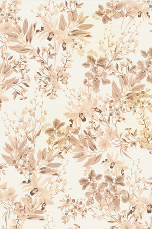 Iris wallpaper by Curate Space in stone beige, full repeat of botanical blooms and foliage