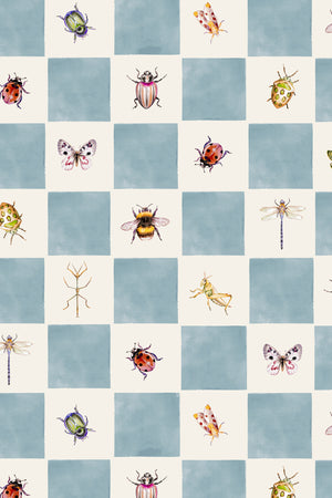 Jude wallpaper by Curate Space in blue, full repeat of insects on a soft check