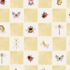 Jude wallpaper by Curate Space in butter yellow, full repeat of insects on a soft check