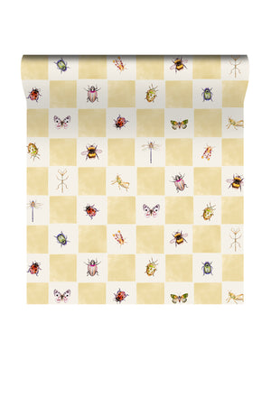 Jude wallpaper by Curate Space in butter yellow, rolled length showing insects on a soft check