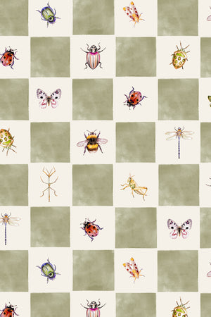 Jude wallpaper by Curate Space in soft green, full repeat of insects on a soft check