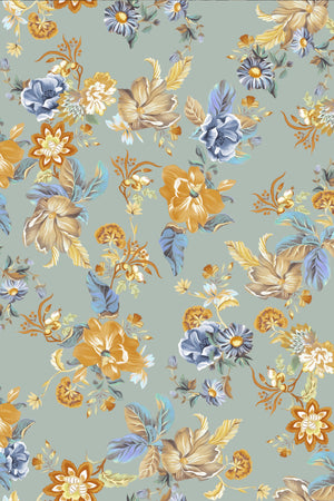 Lottie wallpaper by Curate Space in light blue, full repeat of oversized chintz-style florals