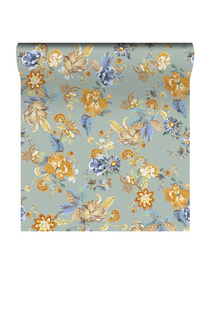 Lottie wallpaper by Curate Space in light blue, rolled length showing oversized chintz-style florals