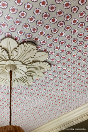 Mabel wallpaper by Curate Space in moss green, small rosette motifs on a ceiling around a plaster rose, photo credit @renovating_belgraveplace