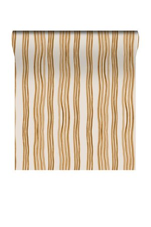Mara wallpaper by Curate Space in ochre yellow, rolled length showing hand-painted wavy stripes
