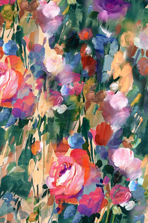 Margot wallpaper by Curate Space in green, close-up of painterly roses and wildflowers