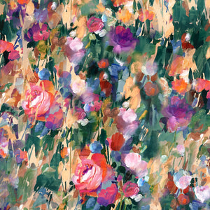 Margot wallpaper by Curate Space in green, full repeat of painterly roses and wildflowers