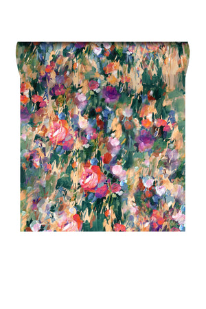 Margot wallpaper by Curate Space in green, rolled length showing painterly roses and wildflowers