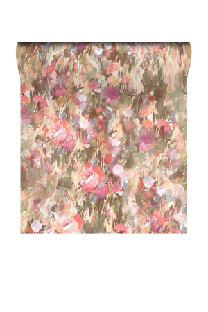 Margot wallpaper by Curate Space in pastel pink and sage green, rolled length showing painterly roses and wildflowers