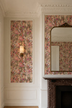 Margot wallpaper by Curate Space in pastel pink and sage green, painterly roses and wildflowers in a panelled alcove with a mirror