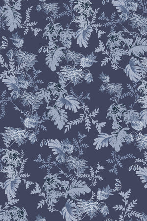 Mina wallpaper by Curate Space in dark blue, full repeat of dramatic layered florals and foliage