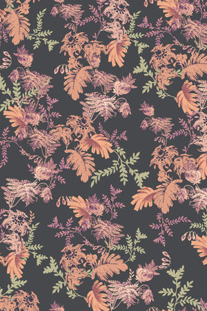Mina wallpaper by Curate Space in midnight blue, full repeat of dramatic layered florals and foliage