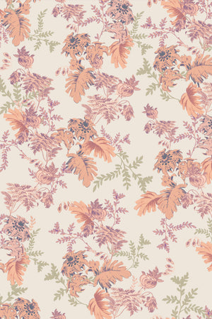 Mina wallpaper by Curate Space in off-white, full repeat of dramatic layered florals and foliage
