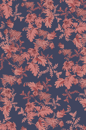 Mina wallpaper by Curate Space in rouge red, full repeat of dramatic layered florals and foliage