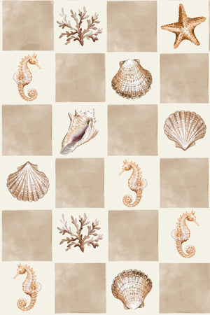 Molly wallpaper by Curate Space in beige, full repeat of seashells and seahorses on a check