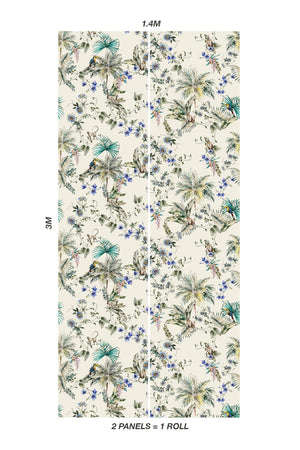 Noah wallpaper by Curate Space in off-white, panel layout diagram for palm trees, tropical foliage and animals