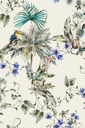 Noah wallpaper by Curate Space in off-white, full repeat of palm trees, tropical foliage and animals