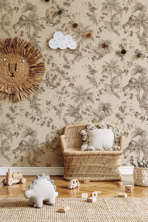 Noah wallpaper by Curate Space in pebble grey, palm trees, tropical foliage and animals in a nursery with a rattan sun mirror