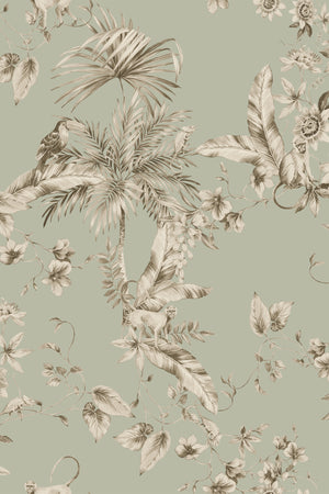 Noah wallpaper by Curate Space in soft green, full repeat of palm trees, tropical foliage and animals